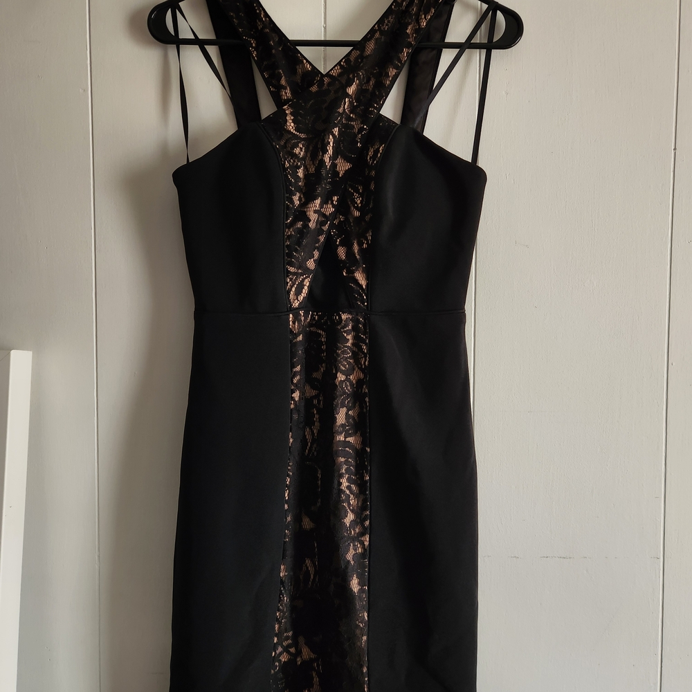 City Studio Black And Tan Dress with Black Lace Detail